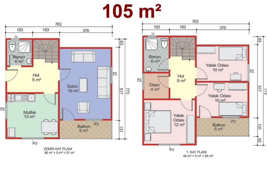 105 m2 Çift Katlı Prefabrik Ev Plan
