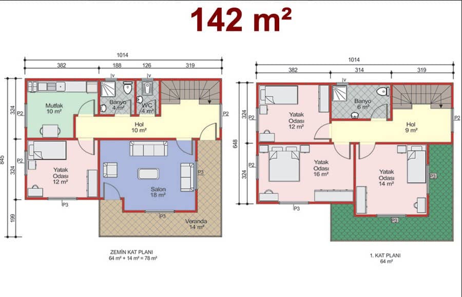 142 m2 Çift Katlı Prefabrik Ev Plan