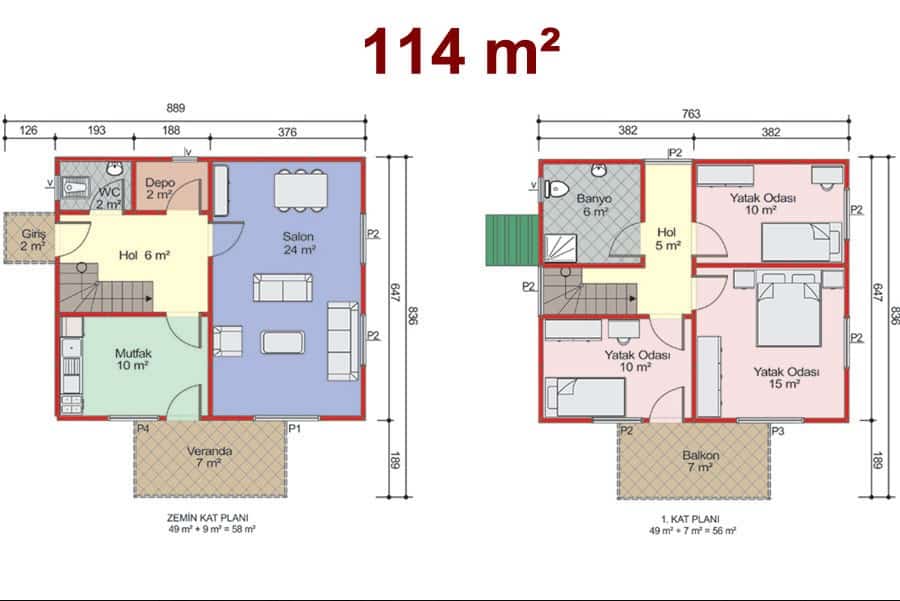 114 m2 Çift Katlı Prefabrik Ev Plan