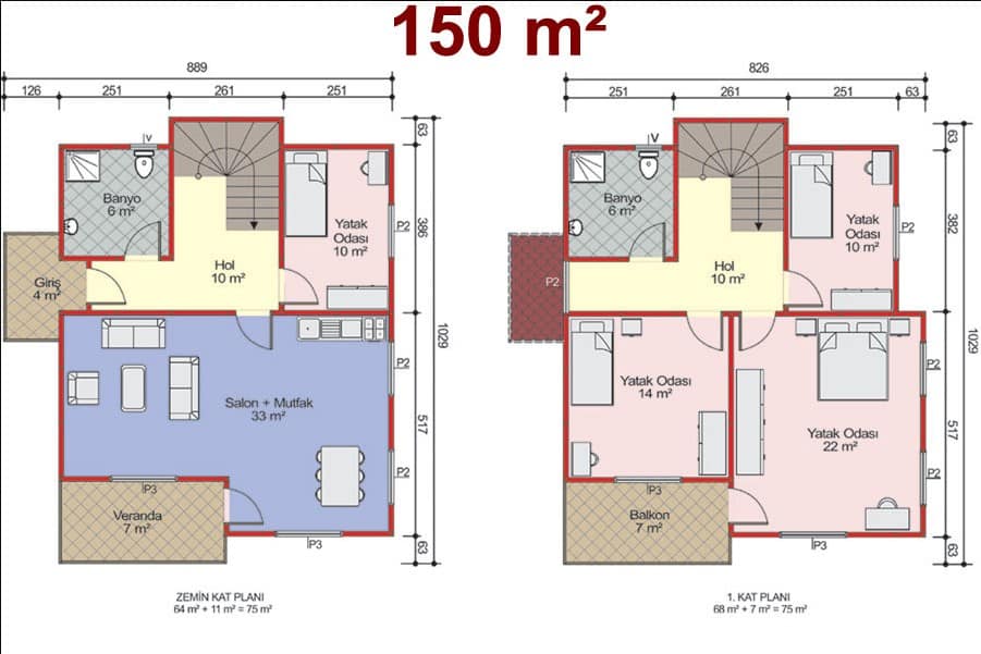 150 m2 Çift Katlı Prefabrik Ev Plan
